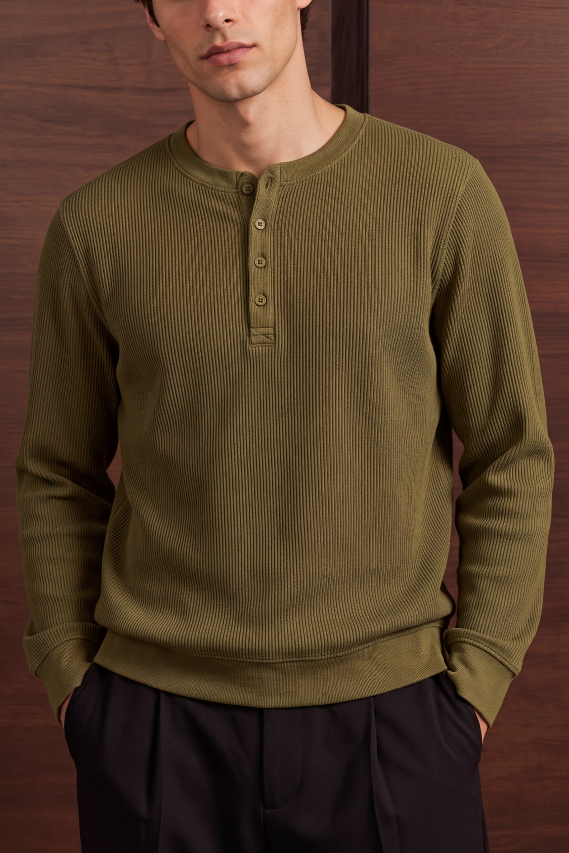 Ribbed Henley - Olive Green