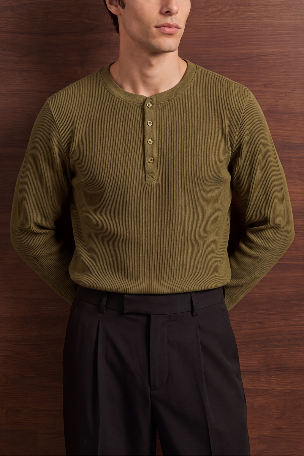 Ribbed Henley - Olive Green
