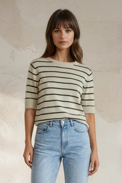 Women Soft Knit Stripe Tee - Cream and Green