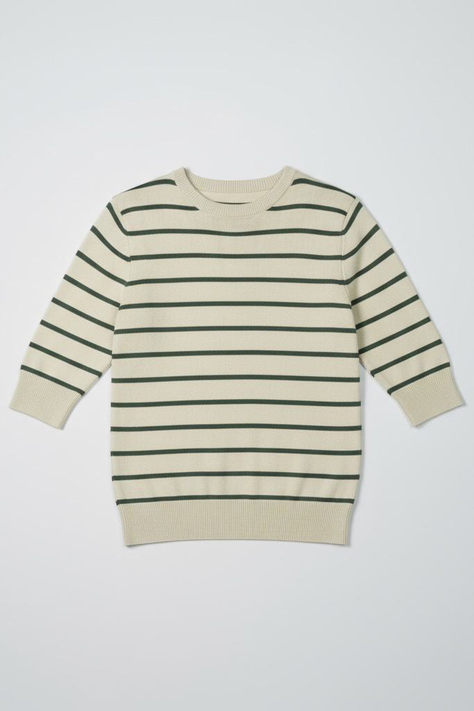 Women Soft Knit Stripe Tee - Cream and Green Secondary image