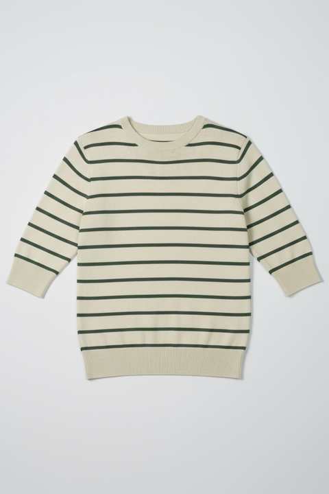 Women Soft Knit Stripe Tee - Cream and Green