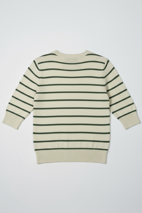 Women Soft Knit Stripe Tee - Cream and Green